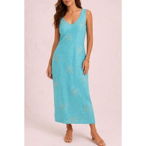 Vintage Linen Blend Embroidered Sheath Dress Turquoise Wedding Guest Midi 6
